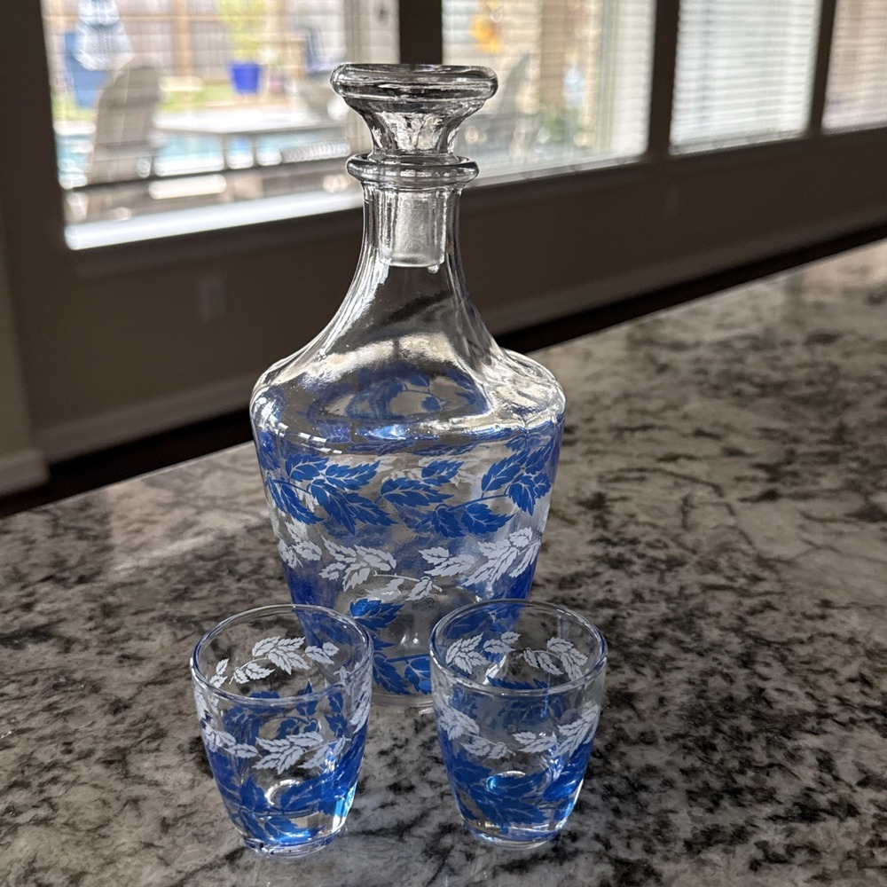 Vintage French Decanter, Stpr, 2 Cordial Glasses, Clear With Blue + White Leaves